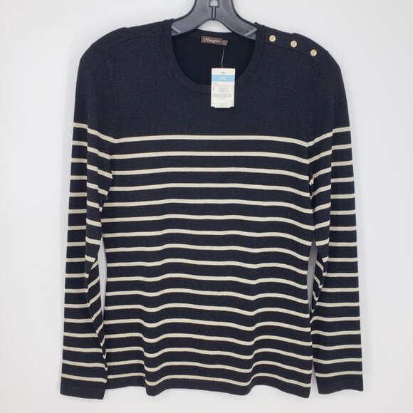 J McLaughlin Ginger Metallic Striped Crew Neck Sweater S Button Trim  Black Gold - Picture 1 of 8